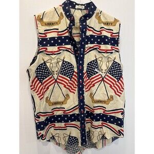 Vintage Liberty American Flag Western Button Up Sleeveless Shirt Mens L Custom